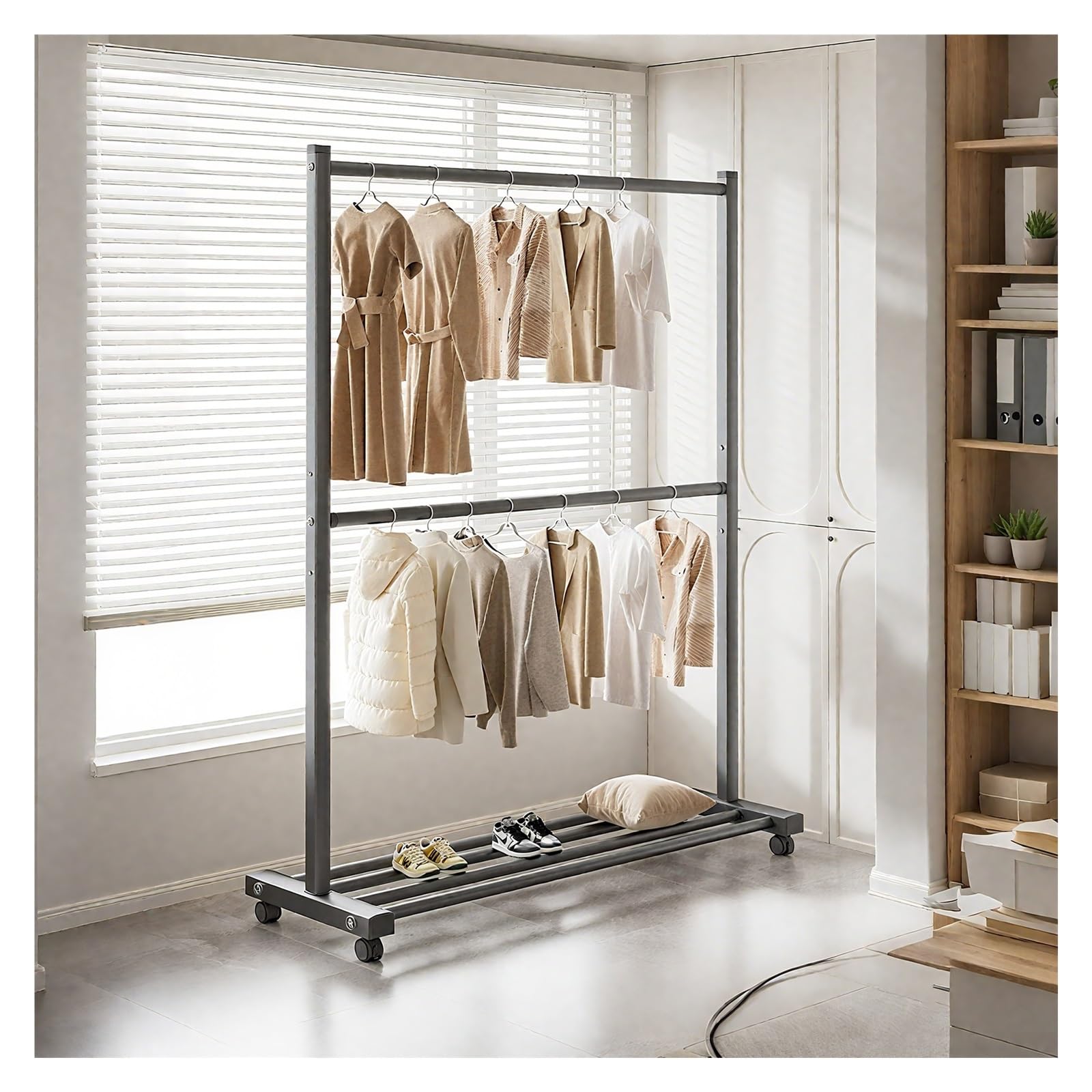 YNBSHGAA Adjustable Double Clothes Rack with Wheels Metal Garment Stand with Storage Shelf Portable Clothing Hanger for Home Use,Black-100cm/39.4in