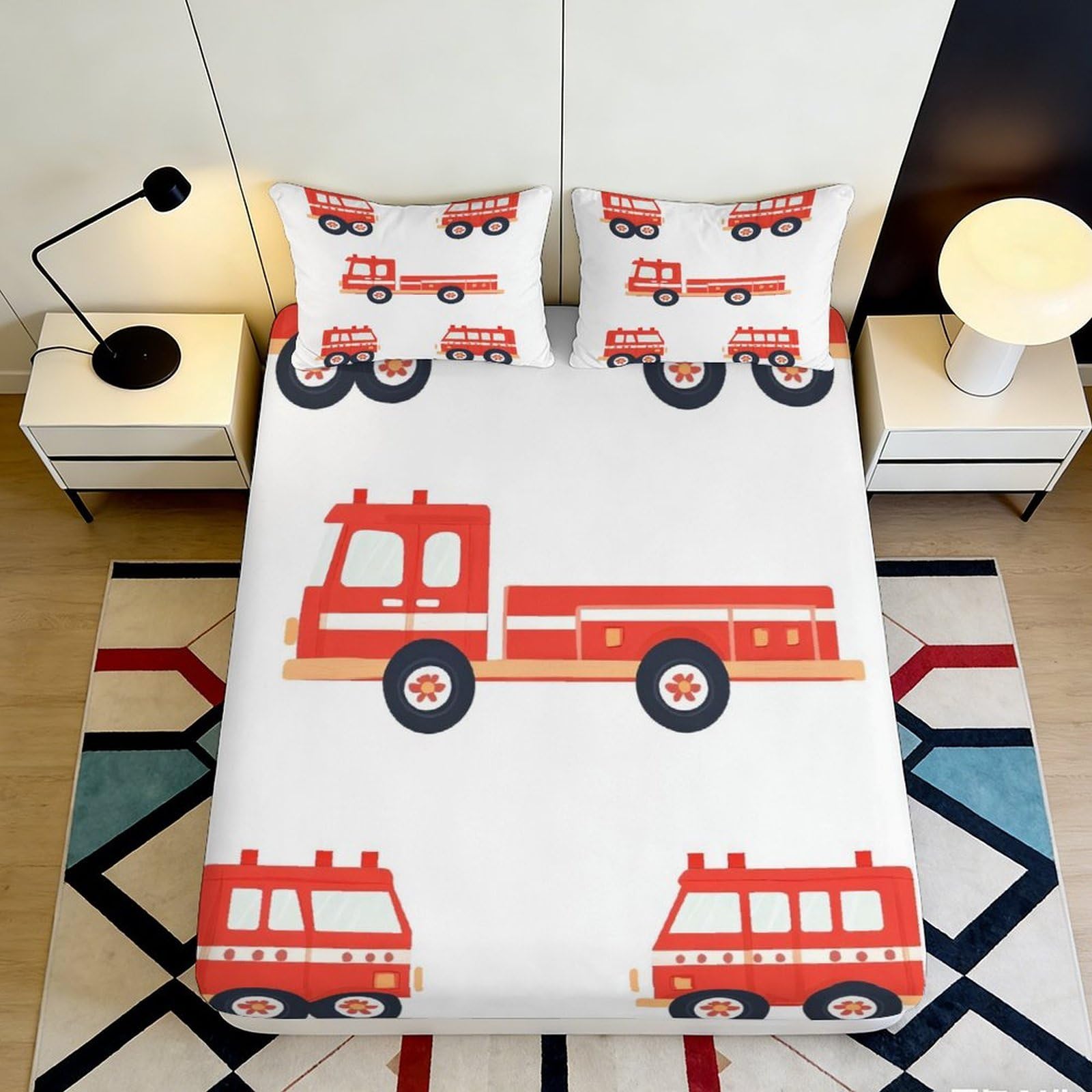 Uynsixtme Style-1 3D Printed Fire Truck Fitted Sheet Microfiber Deep Pocket Non-Slip For Adults Bedroom Bedding Fire Truck Mattress Fitted Cover Washable 90X200x25cm