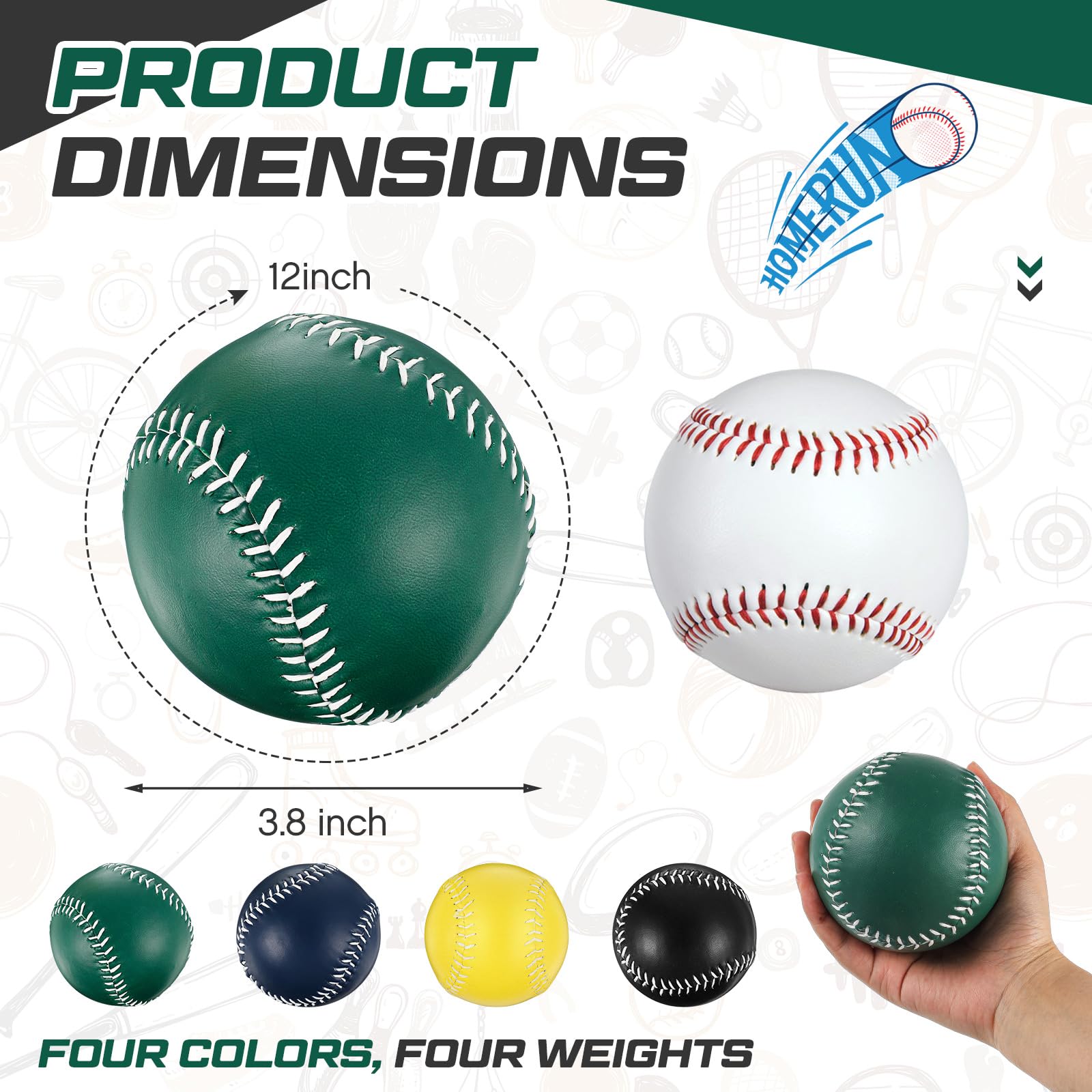 Arrowbash Juego de 4 pelotas de sóftbol con peso para entrenamiento de sóftbol con bolsa de cordón (verde, azul, amarillo, negro, 12 pulgadas)
