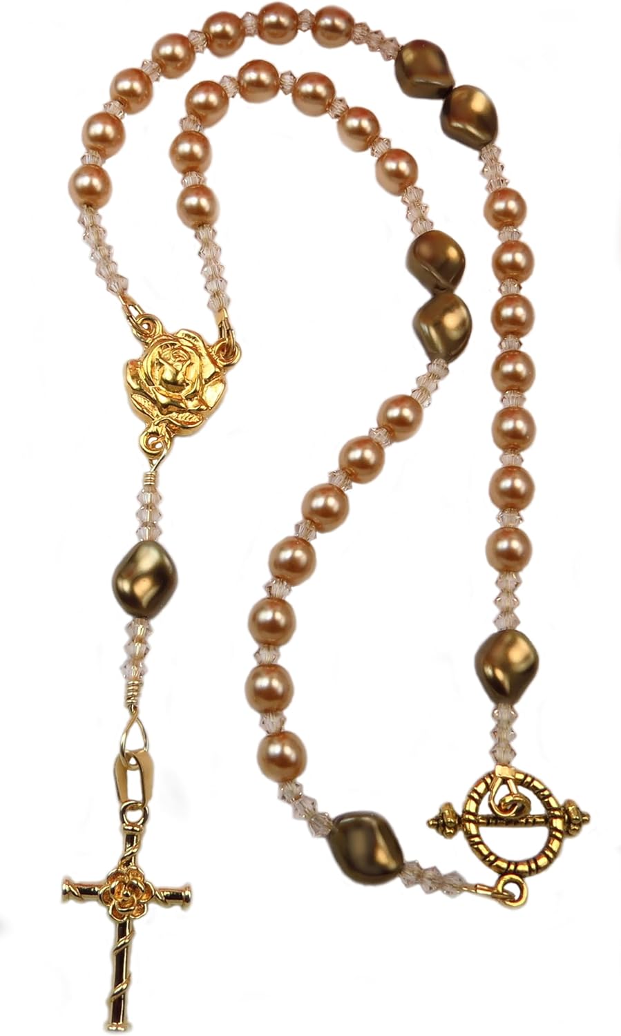 Handmade Orthodox Rosary Necklace Rose Gold Crystal Pearls Greek Chotki Toggle Clasp