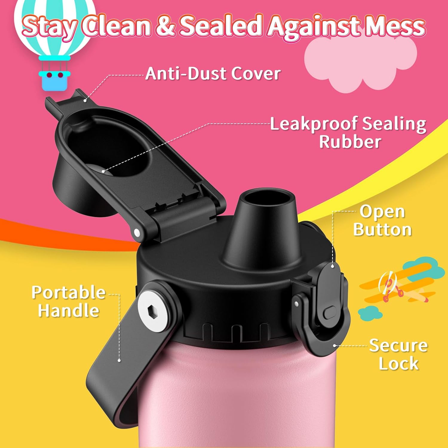 baab 18oz Kids Water Bottle, Insulated Kids Water Bottle with Lockable Spout Lid & Stickers, 18/8 Stainless Steel Vacuum Leakproof Kid Water Cup with Handle for School (Pink+Mint Green, 2 Pack) - Image 3