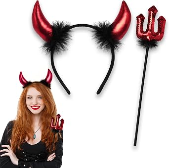 ROSAUI Devil Horns Headband & Sequin Pitchfork Set Halloween Costume Accessories for Adults, Masquerade Balls & Carnivals