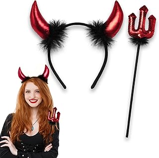 ROSAUI Devil Horns Headband & Sequin Pitchfork Set – Halloween Costume Accessories for Adults, Masquerade Balls & Carnivals