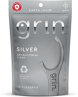 GRIN Silver Flosspyx 75 Count, Dental Flossers, Minty Flavor, Recycled Plastic, for Tight Teeth, Premium Longer Floss Head, Cleans Between Teeth, Includes Safe Soft Fold-Back Tooth Pick