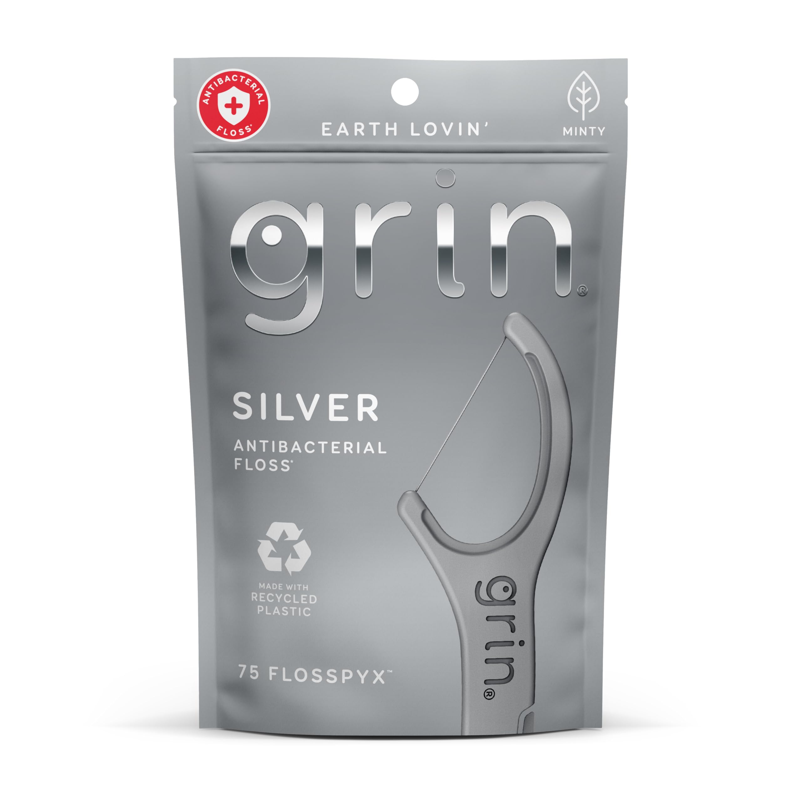GRIN Silver Flosspyx Floss Picks 75 Count Dental Flossers Minty Flavor Recycled Plastic Super Strong Fine Floss Tight