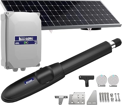 Blutezeit Solar Swing Gate Opener, 880lb Single-Arm Operator with Built-in 24V Lithium Battery & 25W Solar Panel, Integrated Control Box for Easy Install, Smart Auto Setting, 2 Remotes & Complete Kits