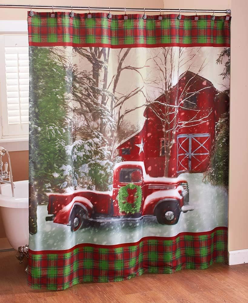 The Lakeside Collection Christmas Shower Curtain with Vintage Red Truck, Barn and Holiday Trees