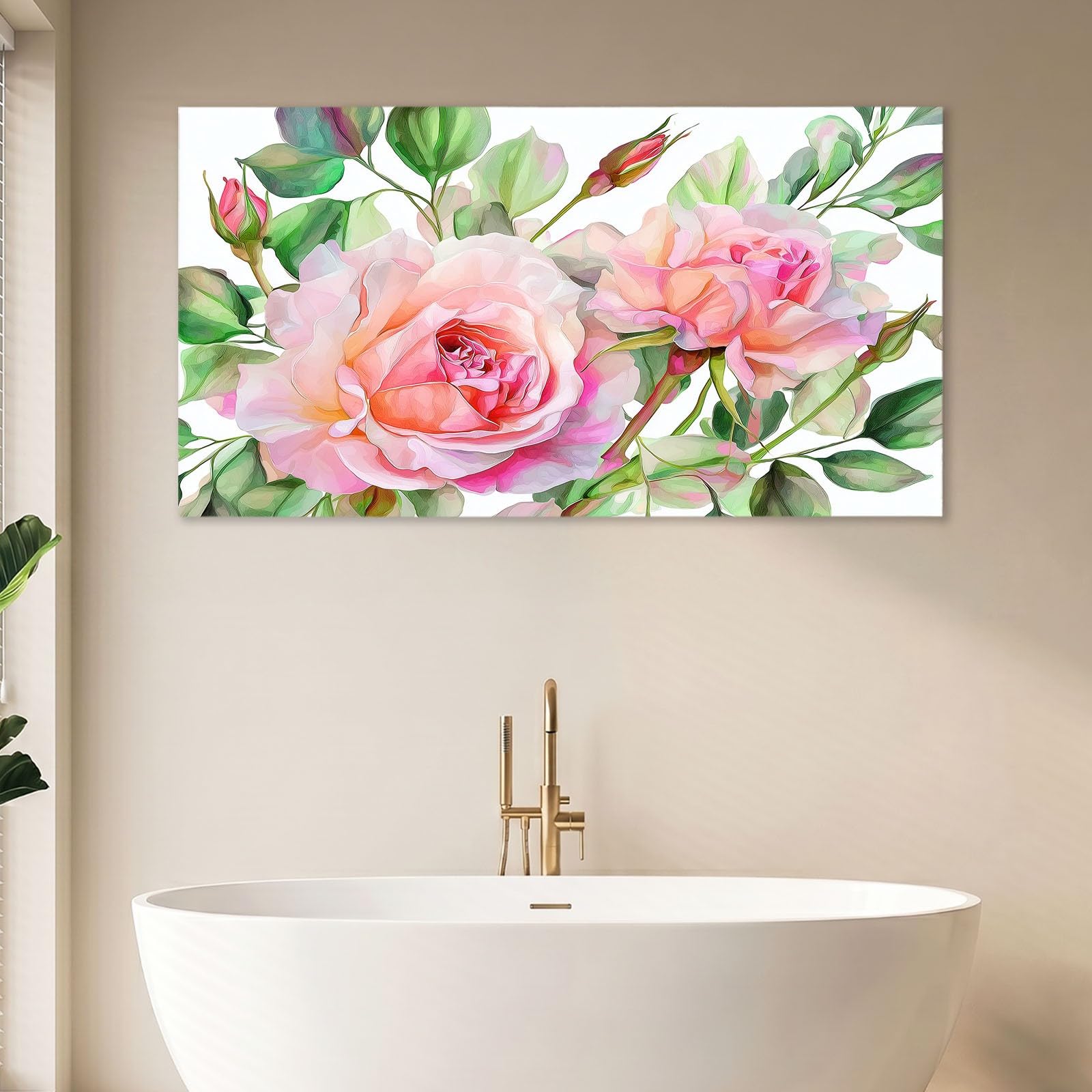 Genérico Impresión sobre lienzo Naturaleza Cuadro Decoracion Pared Pintura 120 x 80 cm Verde Floral Rosa Plantas Hojas - Carteles Arte para Salón, Dormitorio, Cocina, Oficina