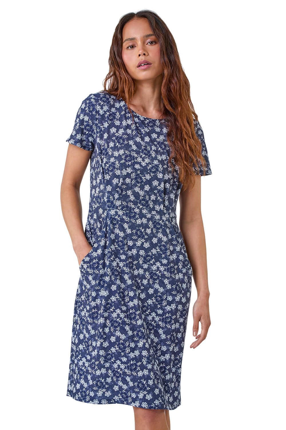 Roman Petite Ditsy Floral Pocket Stretch Dress, Navy, Size 10, Women