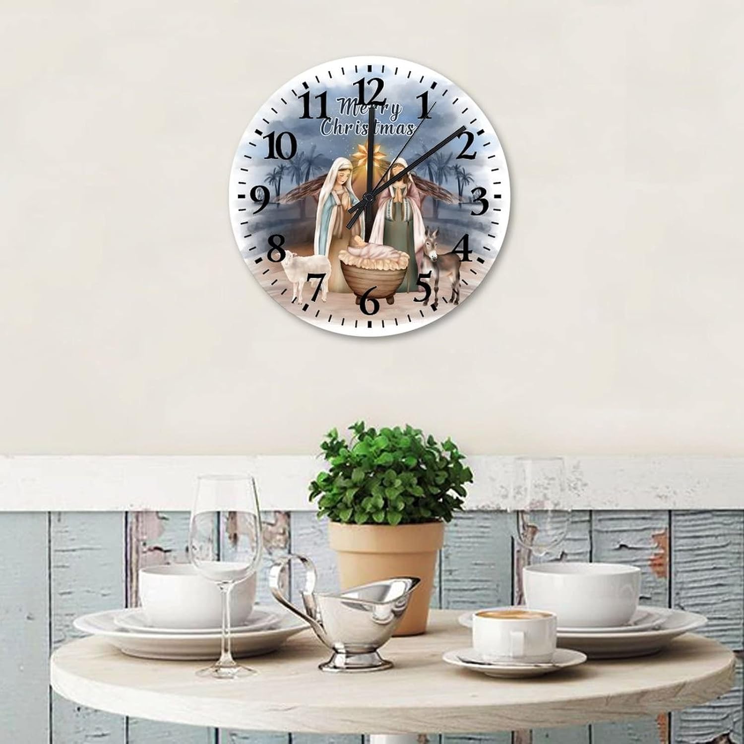 Birth of Jesus Wall Clocks 15 Inch, Unto Us A Child is Born Bathroom Clock Silent Non Ticking Round Arabic Numeral Clock for Farmhouse Home Decoration