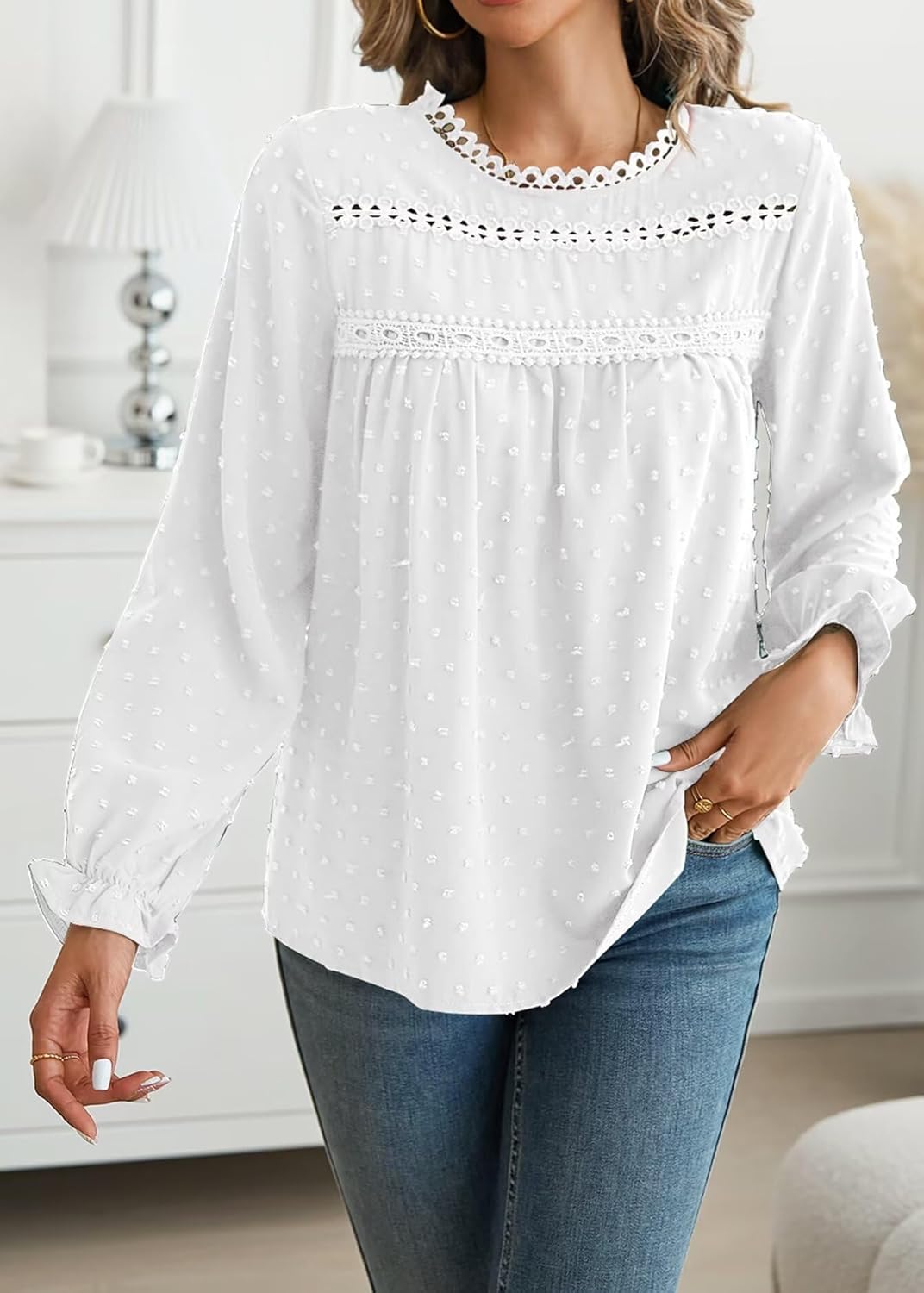 Womens Boho Tops Long Sleeve Shirts For Women Cute Crewneck Blouse Dressy Casual Swiss Dot Crochet Hollow Top 2026 - Image 2