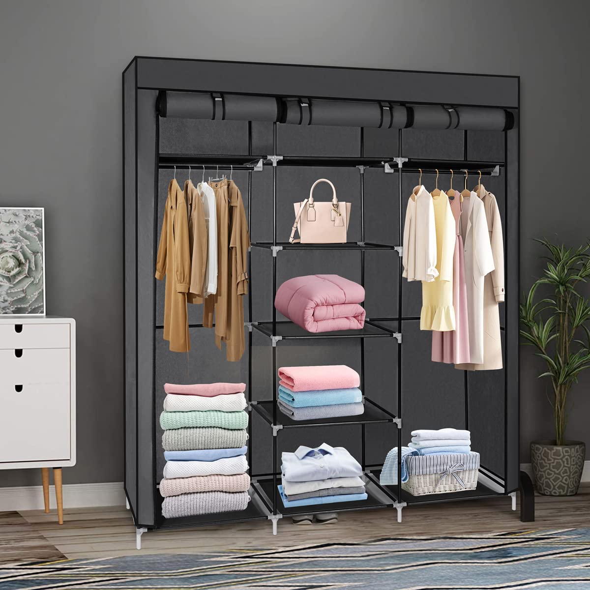T-LOVENDO.ES Armario de Tela ropero estantería con Cremallera Plegable Modular portátil Grande 175 x 150 x 45 cm. Tubos de Acero para Perchas. Varios estantes Robusto y Estable. Negro