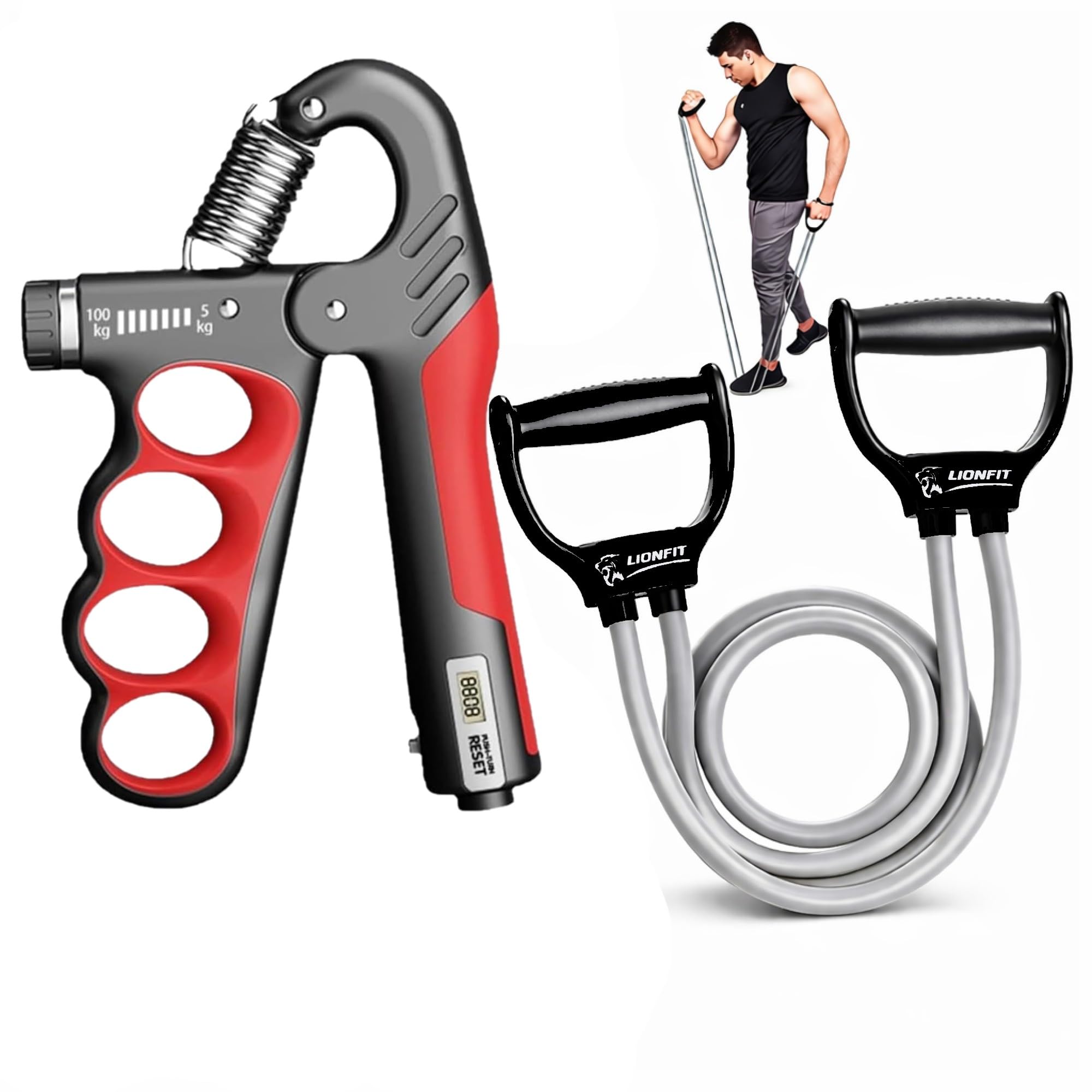 Adjustable Hand Grip Strengthener with Resistance Tube Combo Home Gym Workout Set For Man and Women (Counter Adjustable- 5-100 Kg)-image-5