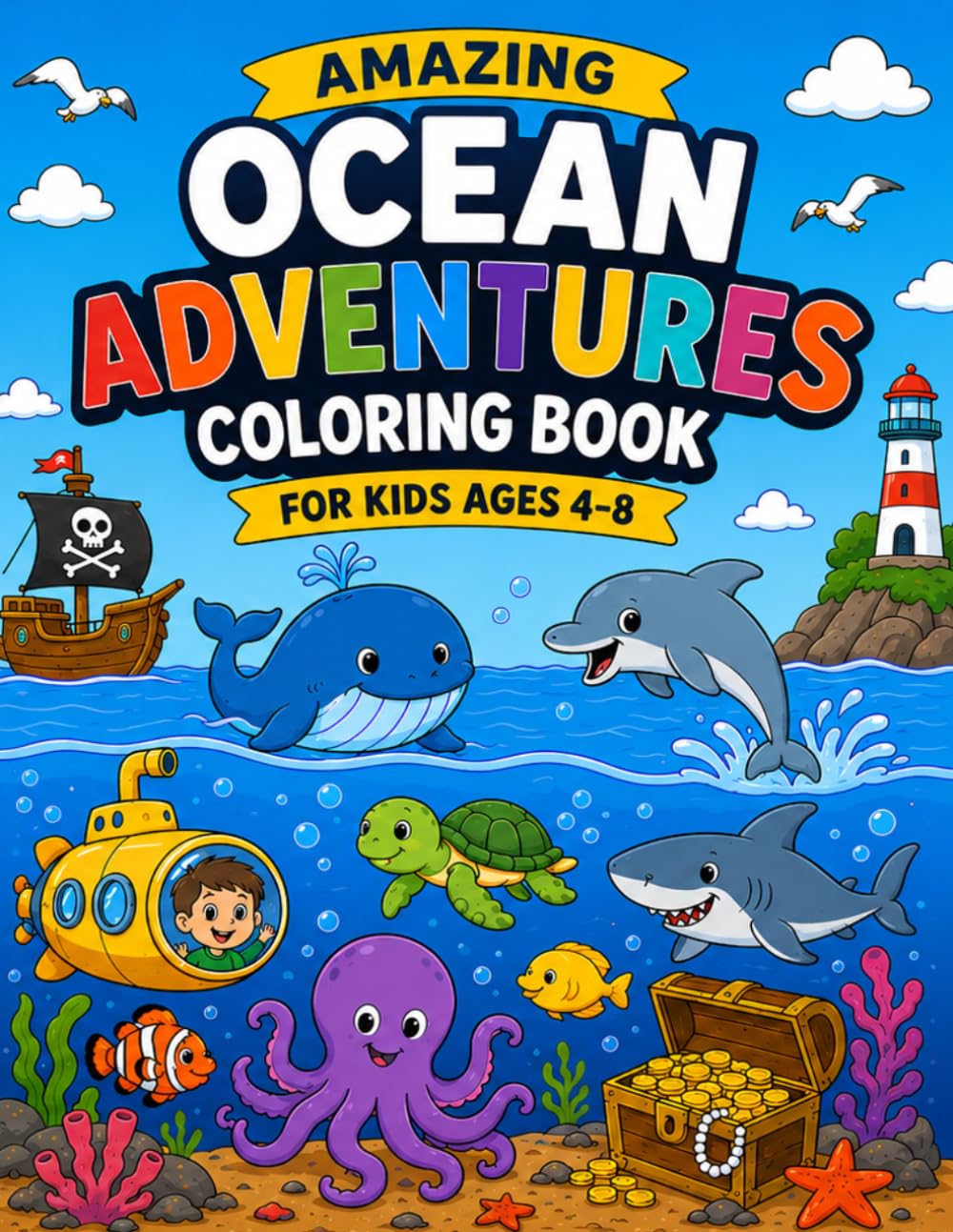 Ocean Adventures Coloring Book for Kids Ages 4–8: Fun Ocean Animals, Submarines, Treasure Hunts, Pirate Ships, Dolphins, Whales, and Underwater Adventures