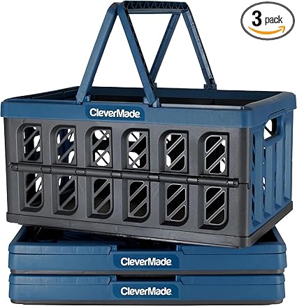 CleverMade Collapsible Shopping Basket, Ocean, 3PK