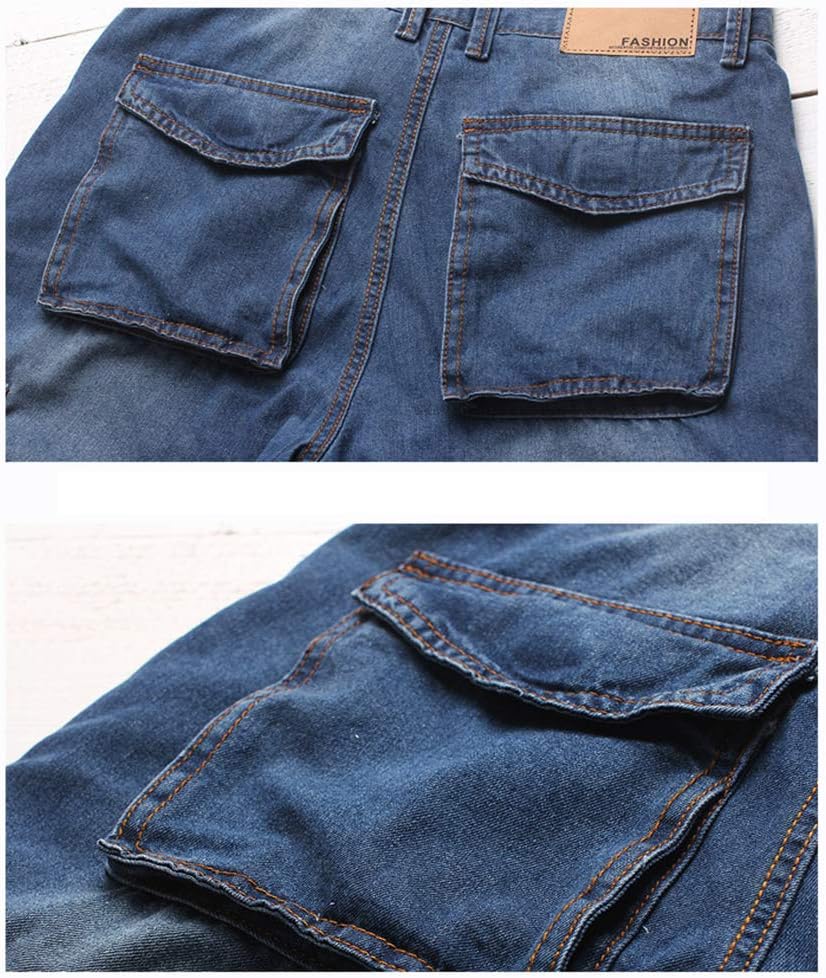 Mens Casual Cargo Patchwork Blue Denim Jeans Shorts with Zippers