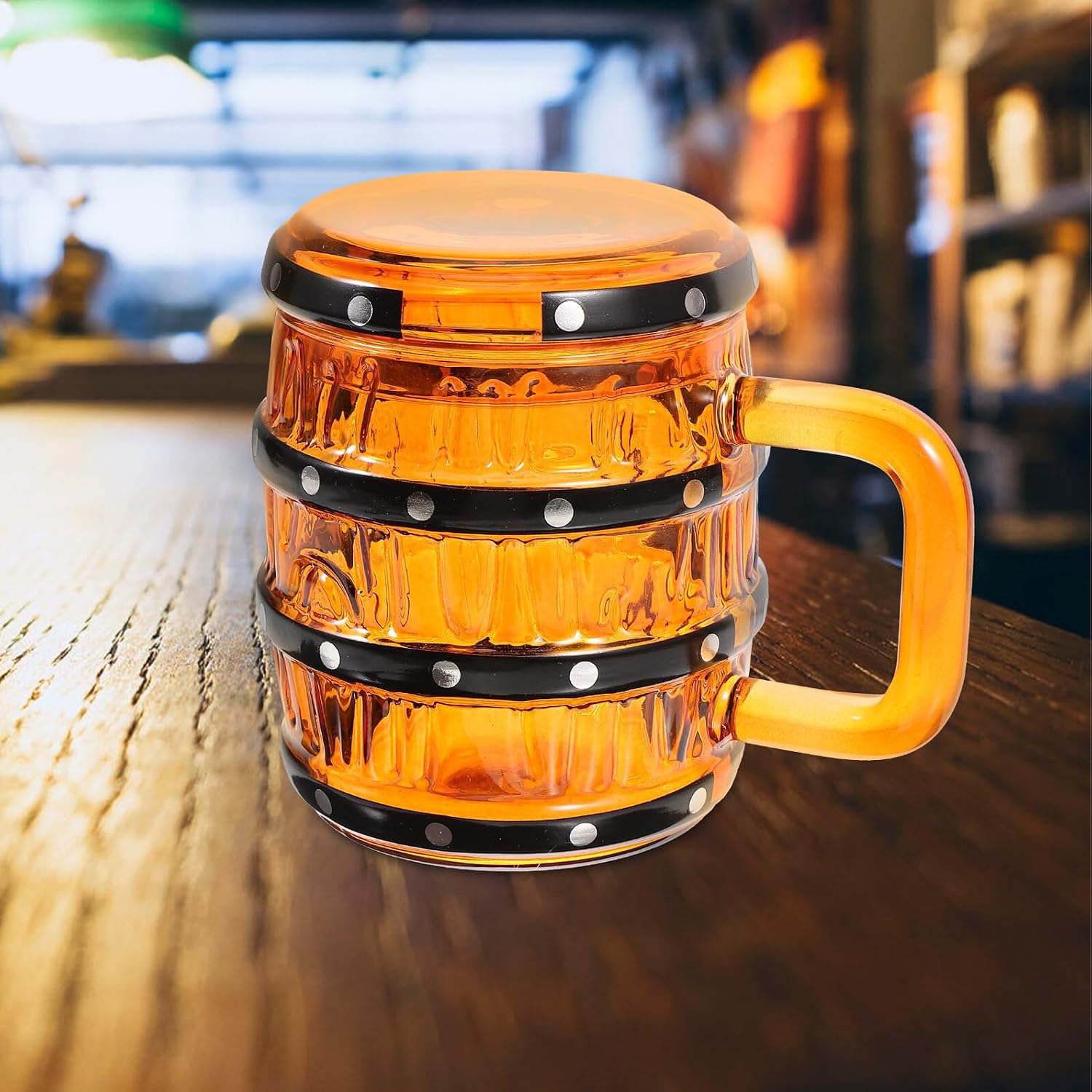 MAGICLULU Pirate Barrel Beer Mug with Lid 470ml Glass Wine Mug Sturdy Party Beer Stein Camping Water Cup with Handle for Outdoor and Home Use