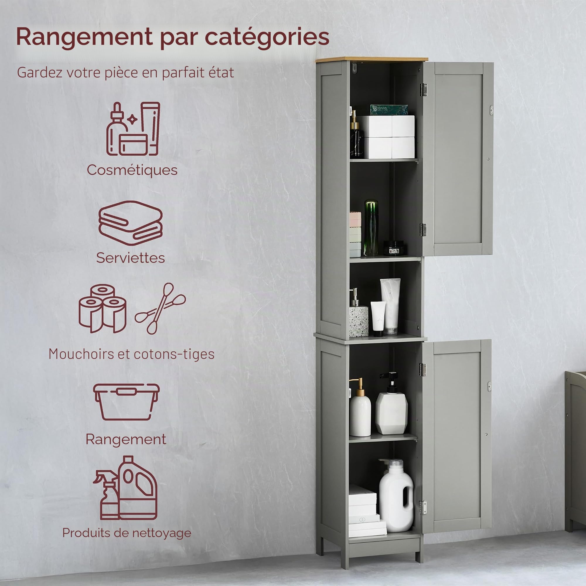 Bath Vida Priano Armoire de Salle de Bain Armoire de Rangement sur Pied en Bois Gris