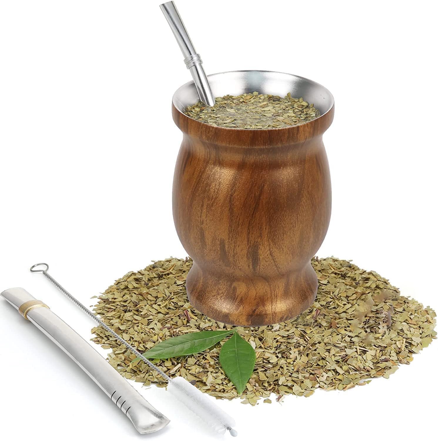 LBOYLOVE Yerba Mate Tea Cup, Stainless Steel Double-Walled Teacup Set Traditional Mate Cup Included 2 Bombillas, Yerba Mate Gourd Cup and Cleaning Brush, Easy to Clean, 230 ML (Wood)