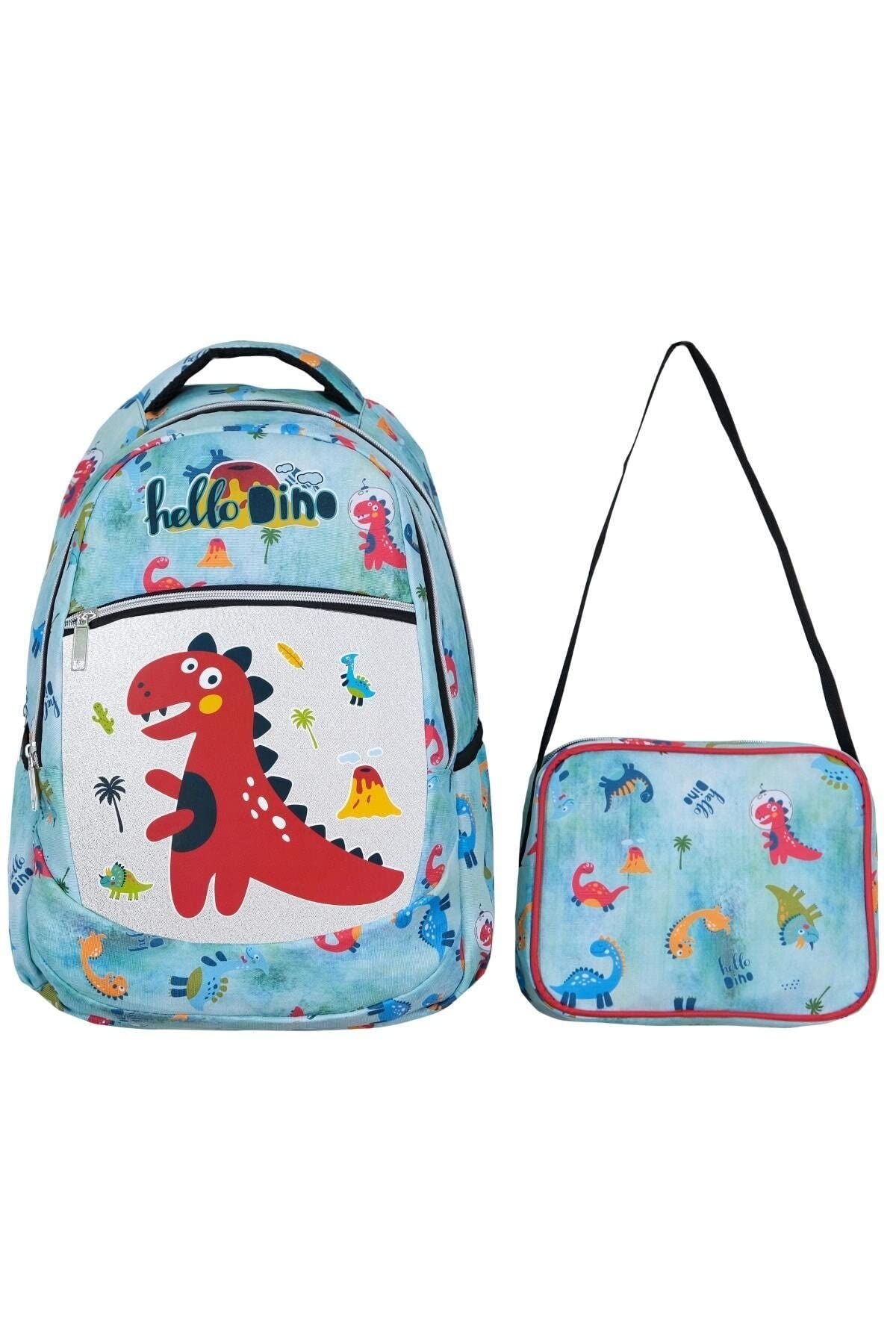TahTicMer ilkokul Okul Sırt çantası Kız Erkek Unisex Beslenme çantalı Ortopedik 2li Set Dinozor Su Yeşili