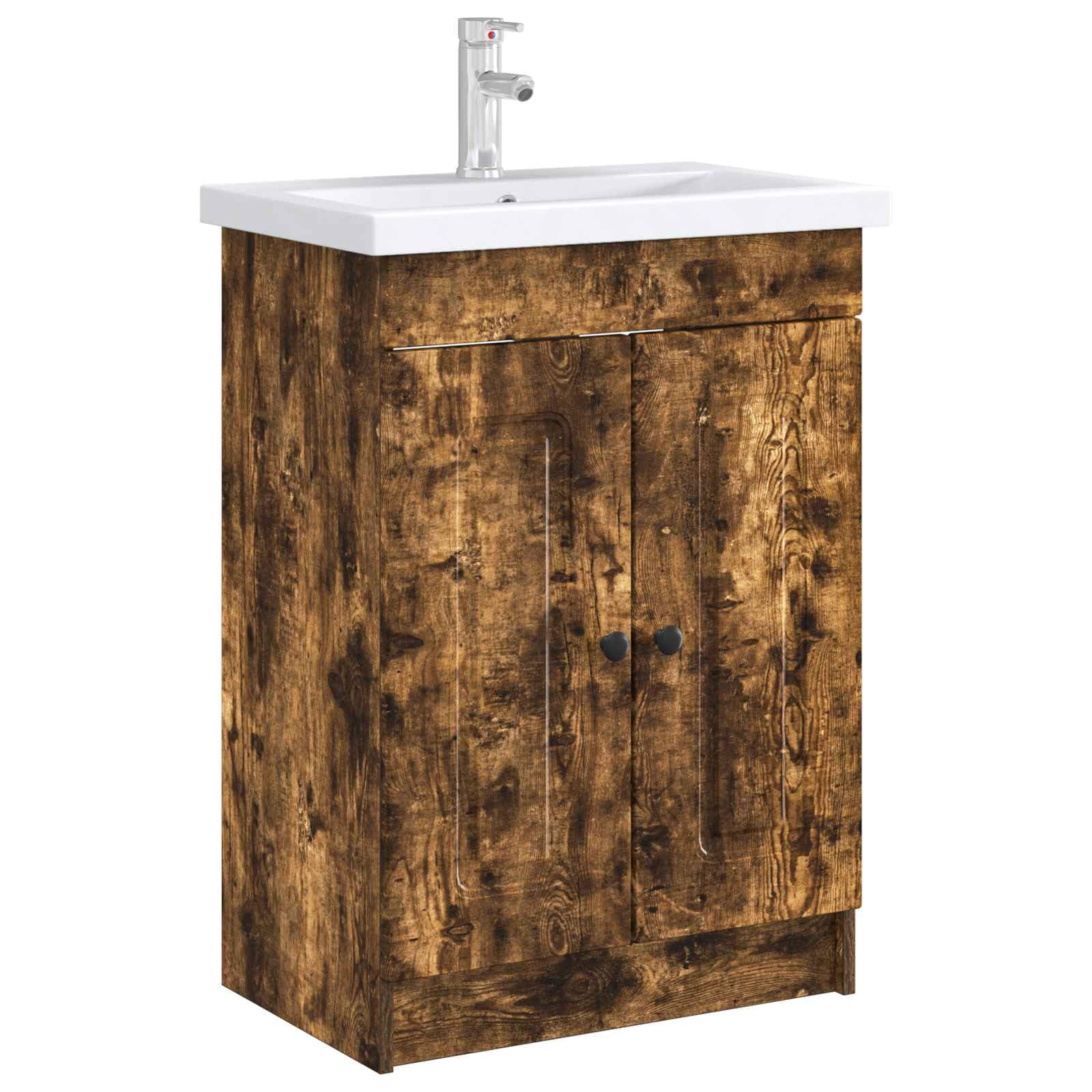Mueble bajo lavabo 78,5 x 37,5 x 81 cm roble ahumado | Práctico mueble de baño de madera con dos puertas batientes y elegantes botones de metal negro.