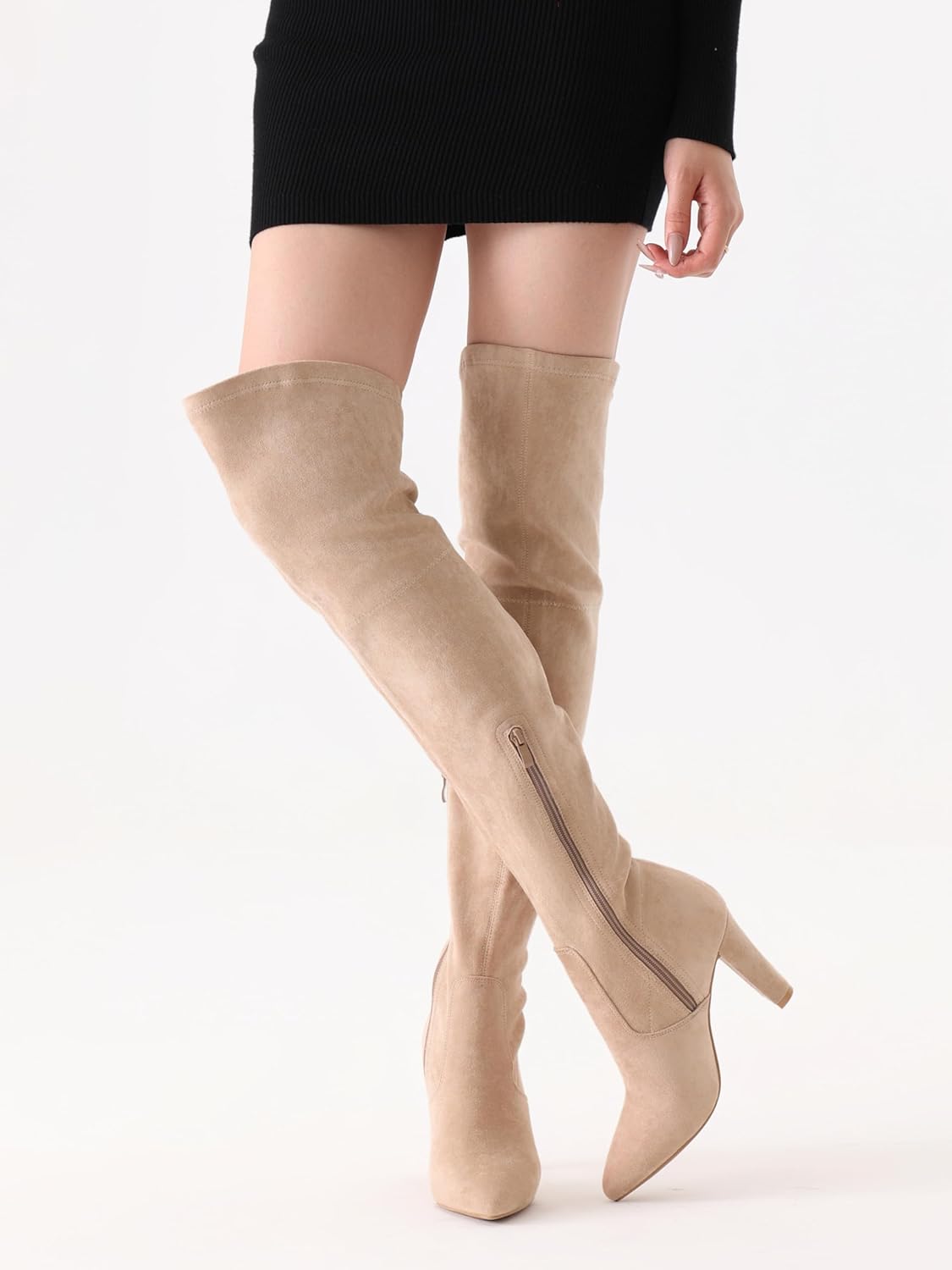 Shoe'N Tale Women Stretch Suede Chunky Heel Over The Knee Boots Thigh High for Women - Image 4