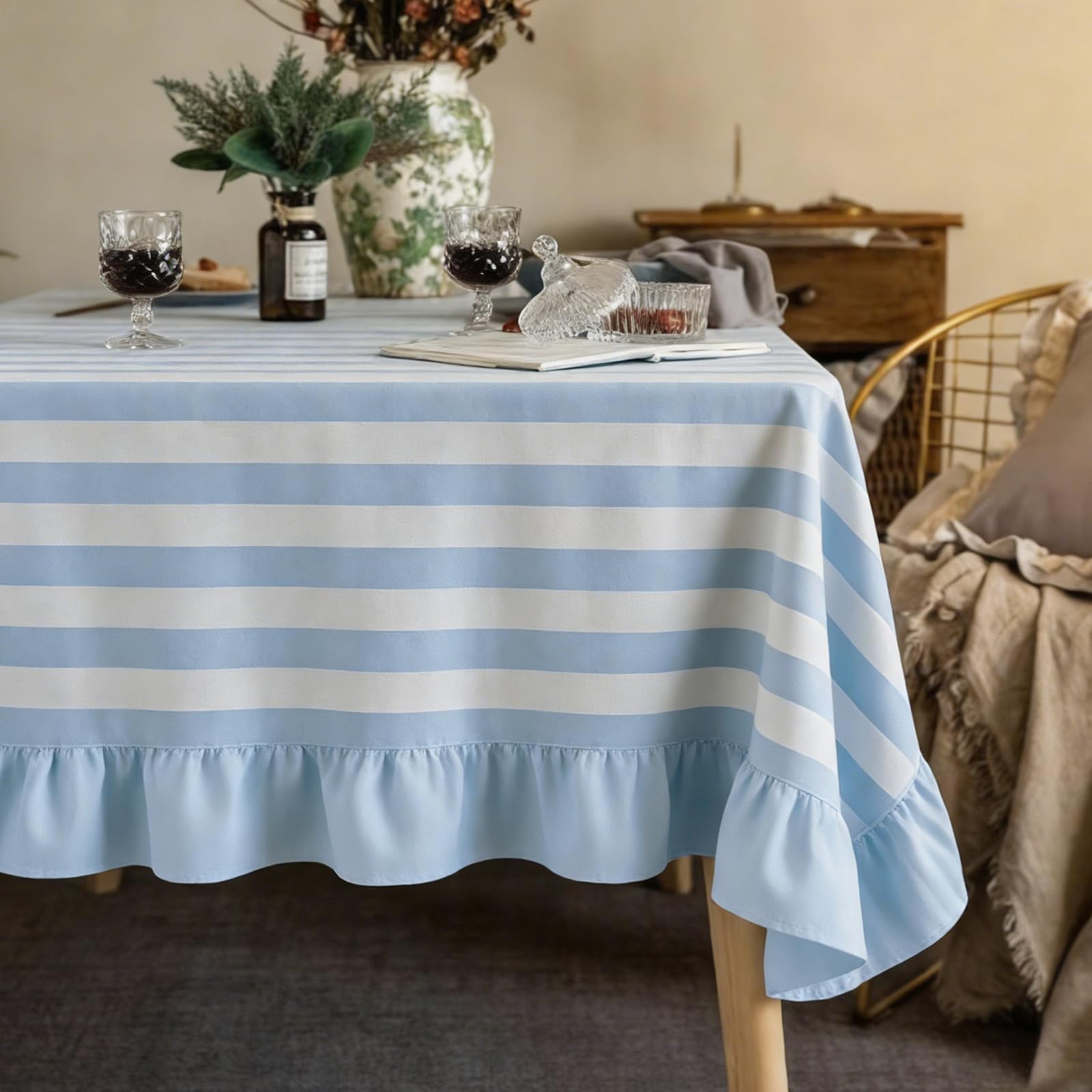 Photo 1 of Whaline Striped Ruffle Tablecloth 55 x 70 Inch Blue White