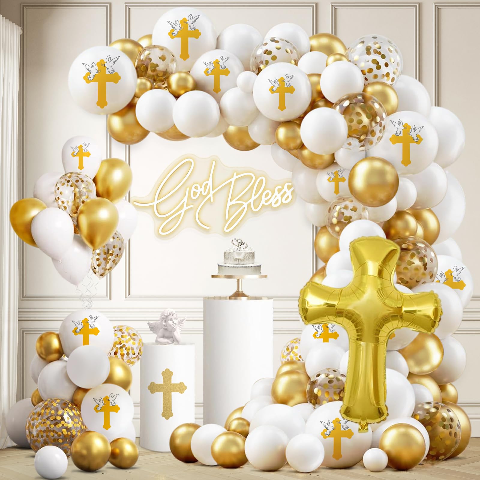 First Holy Communion and Baptism Balloon Arch Kit-129Pcs White Gold Cross Dove Confetti Balloons for Christening Party Decorations,God Bless