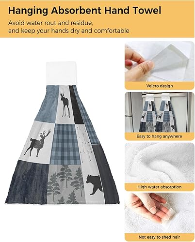 Miniatura 2 de Juego de 2 toallas de mano retro Countryside Bear Moose Woods con lazo para colgar, juego de 2 toallas absorbentes de cocina para baño, barra de té,