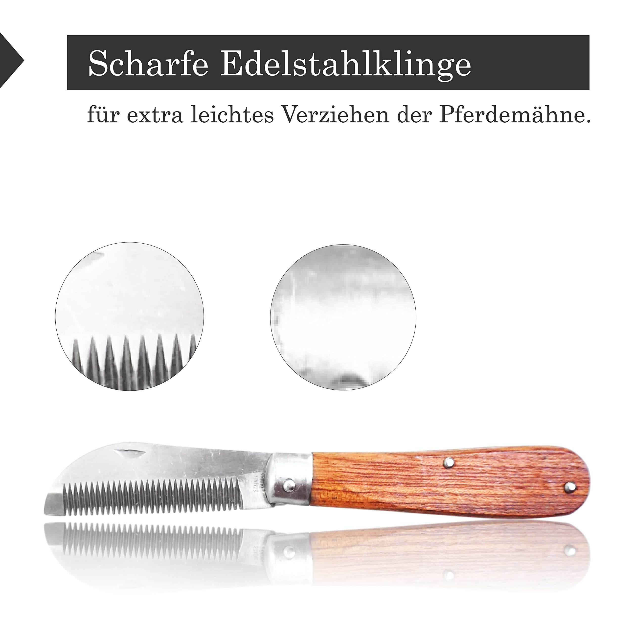 Cuchillo para crines de caballo, longitud de 18 cm, mango de madera resistente, plegable, acero inoxidable, mango de madera