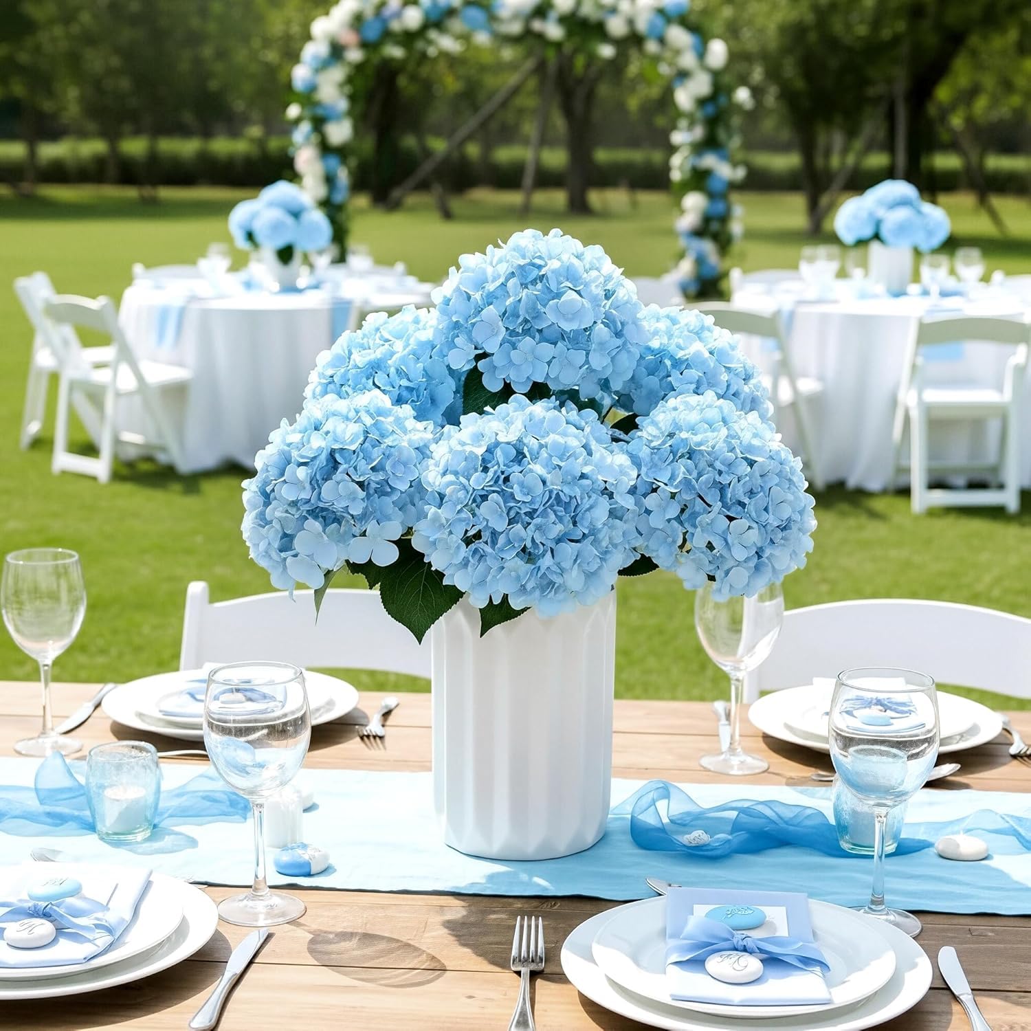 Generico 7 mazzi ortensia artificiali con 35 boccioli, Vaso Finte da Esterno, UV-Resistenti Pianta Finta, veranda, cortile, decorazioni per matrimoni all'aperto. (Blu)