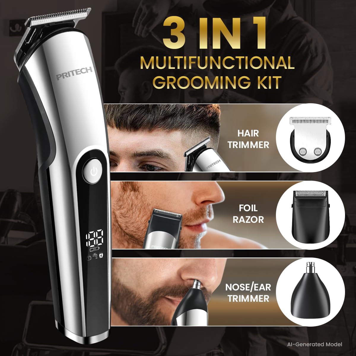 PRITECH Barttrimmer für Männer, 3 in 1 Haartrimmer Set, Nasen- und Ohrhaartrimmer, Mikro-Rasierer, Männer-Pflegeset kabellos mit LED-Display, IPX6 wasserdicht (Silber)
