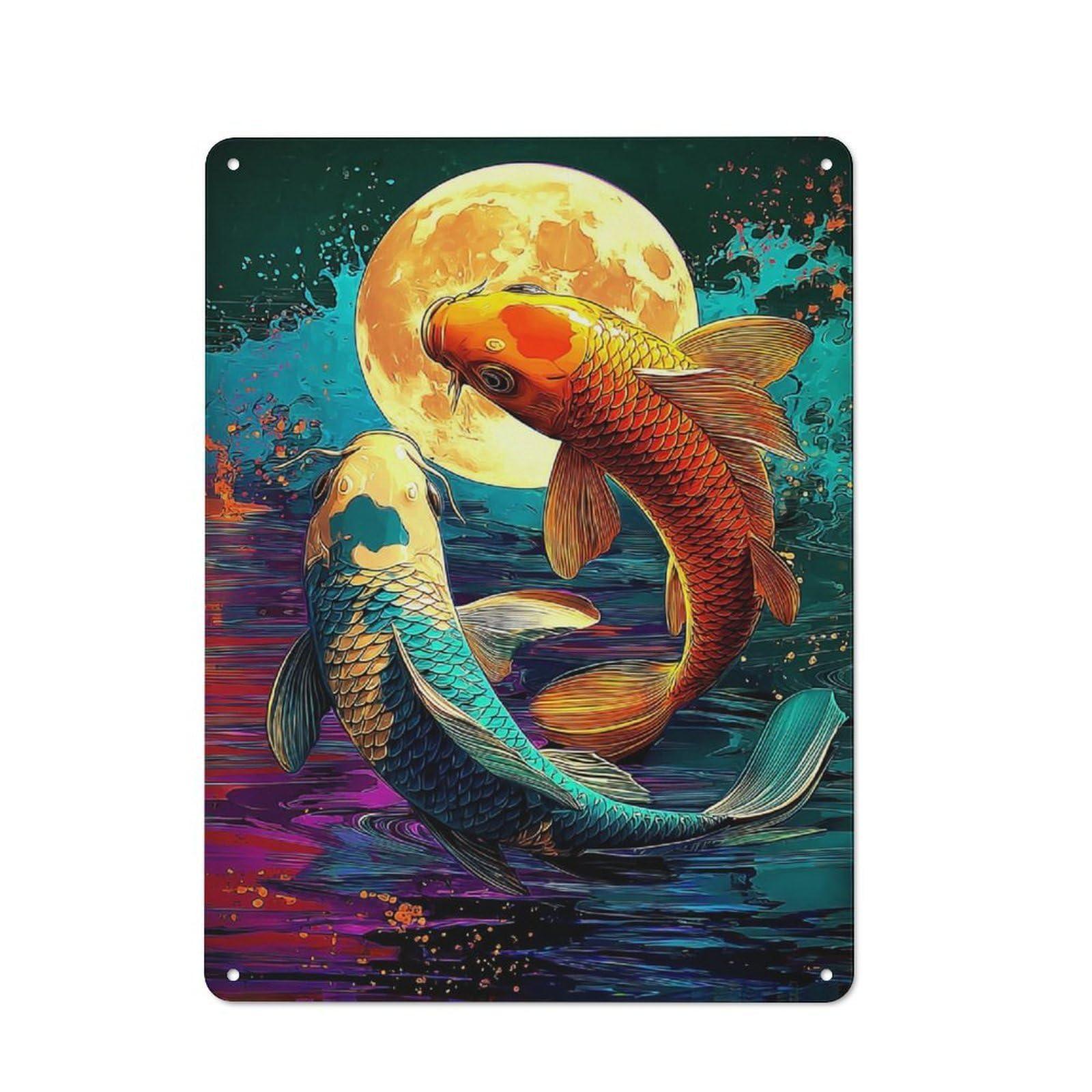 Junmoney Koi Fish Under Full Moon Cottage Metal Wall Decor 40X30cm, Shed Metal Sign For Conservatory, Home Bar Or Utility Room