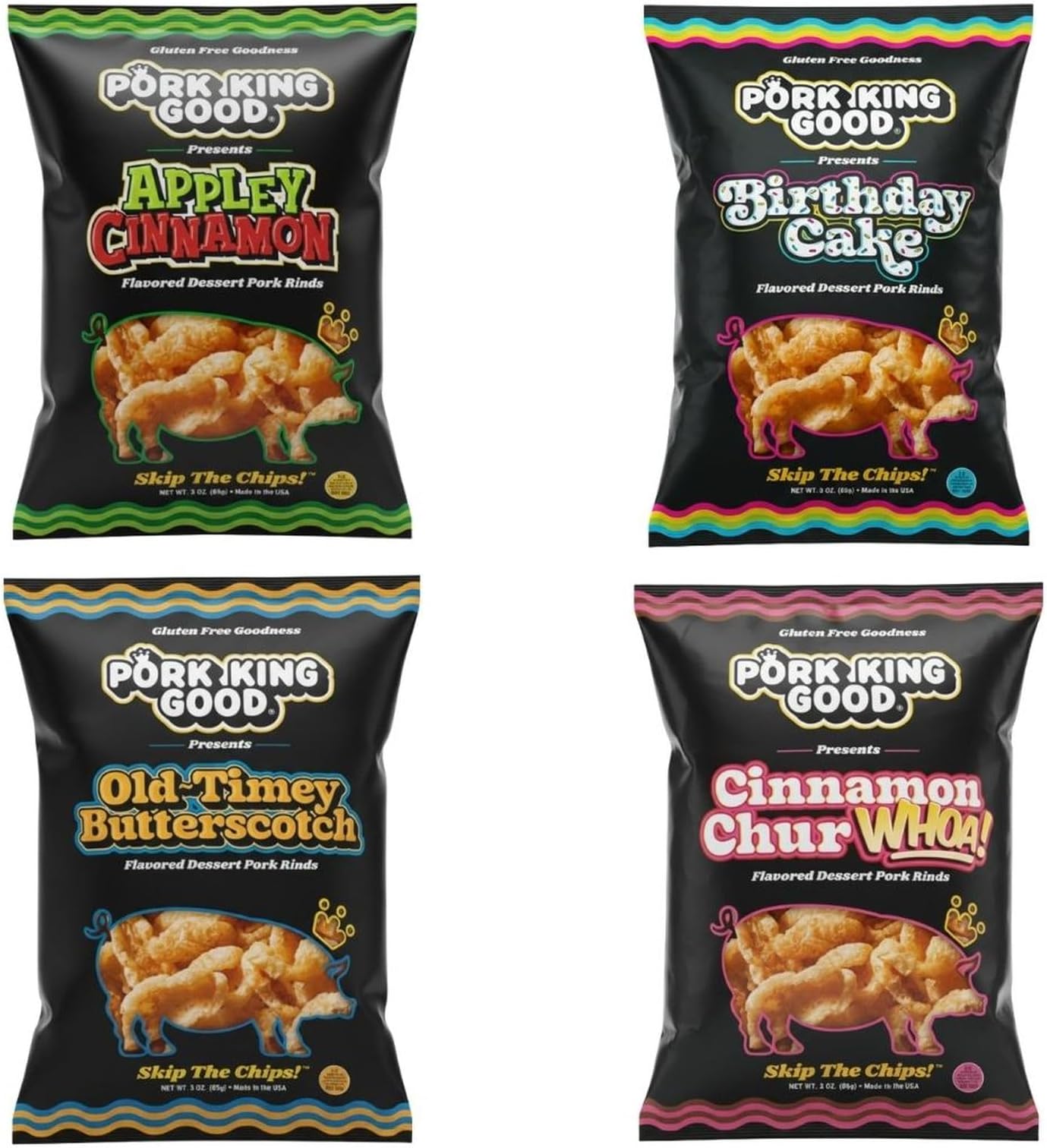 Pork King Good Sweet & Salty Dessert Pork Rinds Variety Pack, 4 Bags 3 oz