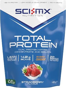 SCI-MX Total Protein - Dual Protein Concentrate & Isolate Protein Powder - Lean Muscle Development - Strawberry   No Added Sugar   4.2g BCAAs + 22g Protein per Serving   450g