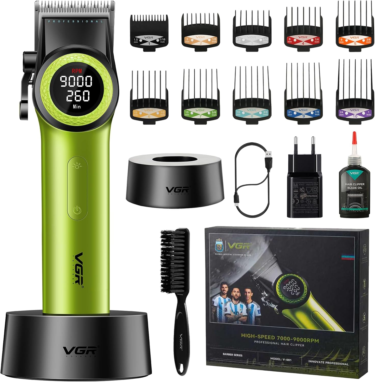 VGR 001 Profesyonel Saç Kesme Makinesi, Erkekler için Kablosuz Kuaför Makası, Saç Kesmek için, Karbon Çelik Bıçak, Berber için Saç Kesme Makinesi, 9000 devir/dakika, LED Gösterge, Yeşil