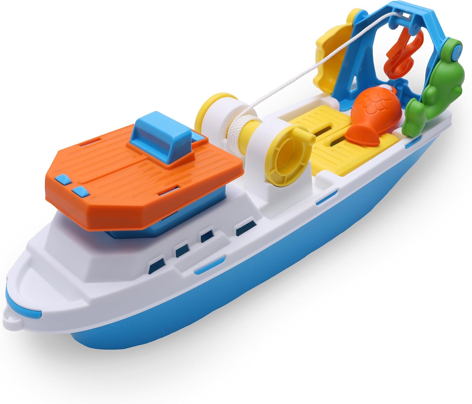 Toyland® 40cm (16") Colourful Fishing Boat with Moveable Doors, Fishing Hook & 4 Plastic Fish - Kids Floating Water Toy - Pool & Bathtime Toys - 3 Years+