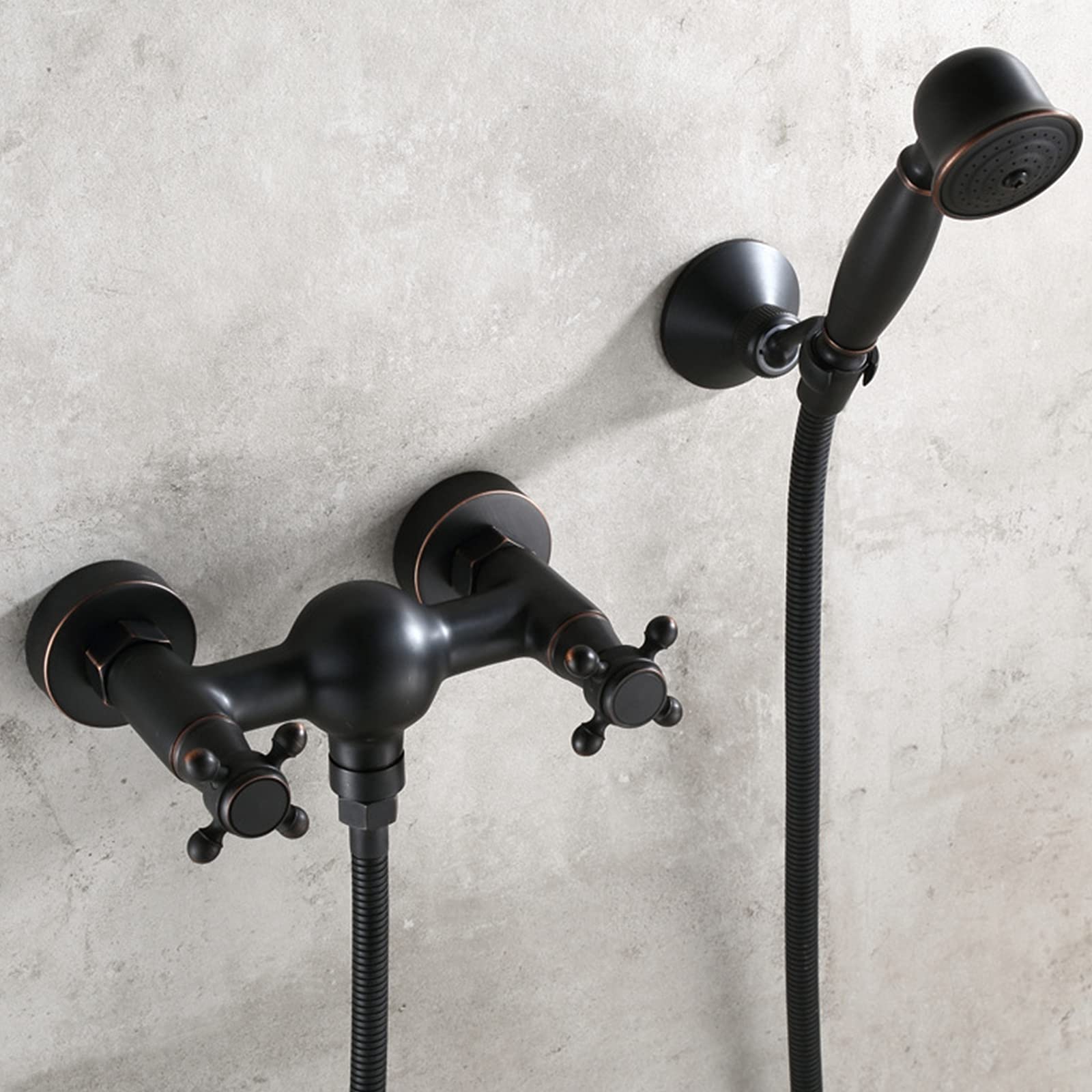 Grifo de bañera con ducha de doble mando en bronce negro y mezclador de pared
