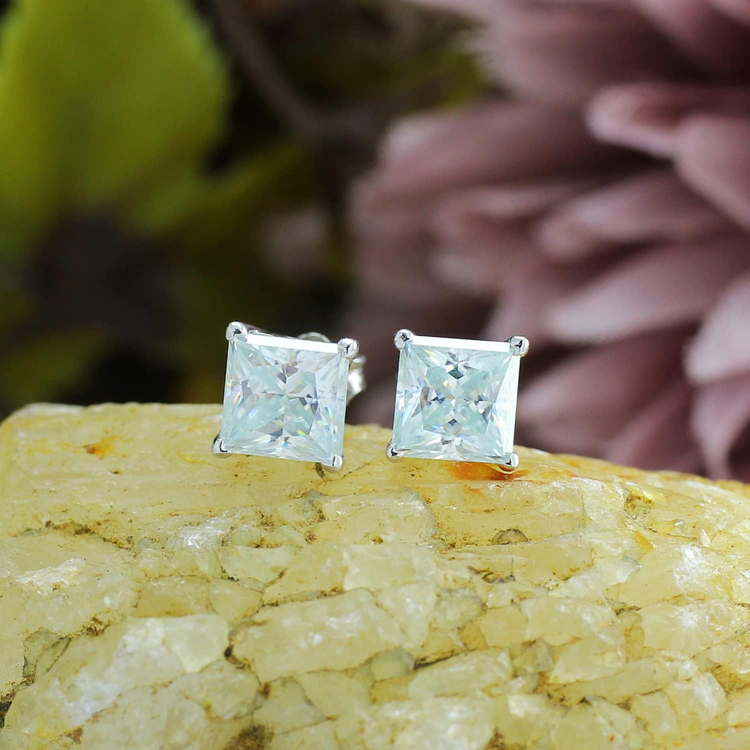 SAVEARTH DIAMONDS Princess Cut Lab Created Diamond Moissanite Square Stud Earrings, 925 Sterling Silver with 18K Gold Over 925 Sterling Silver