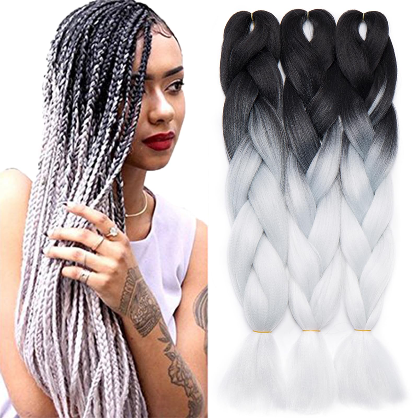 TESS 60cm Extensiones Para Trenzas Africanas Negro/Blanco 1 pcs 100g Pelo Para Trenzas Africanas Sintético Braiding Jumbo Braid