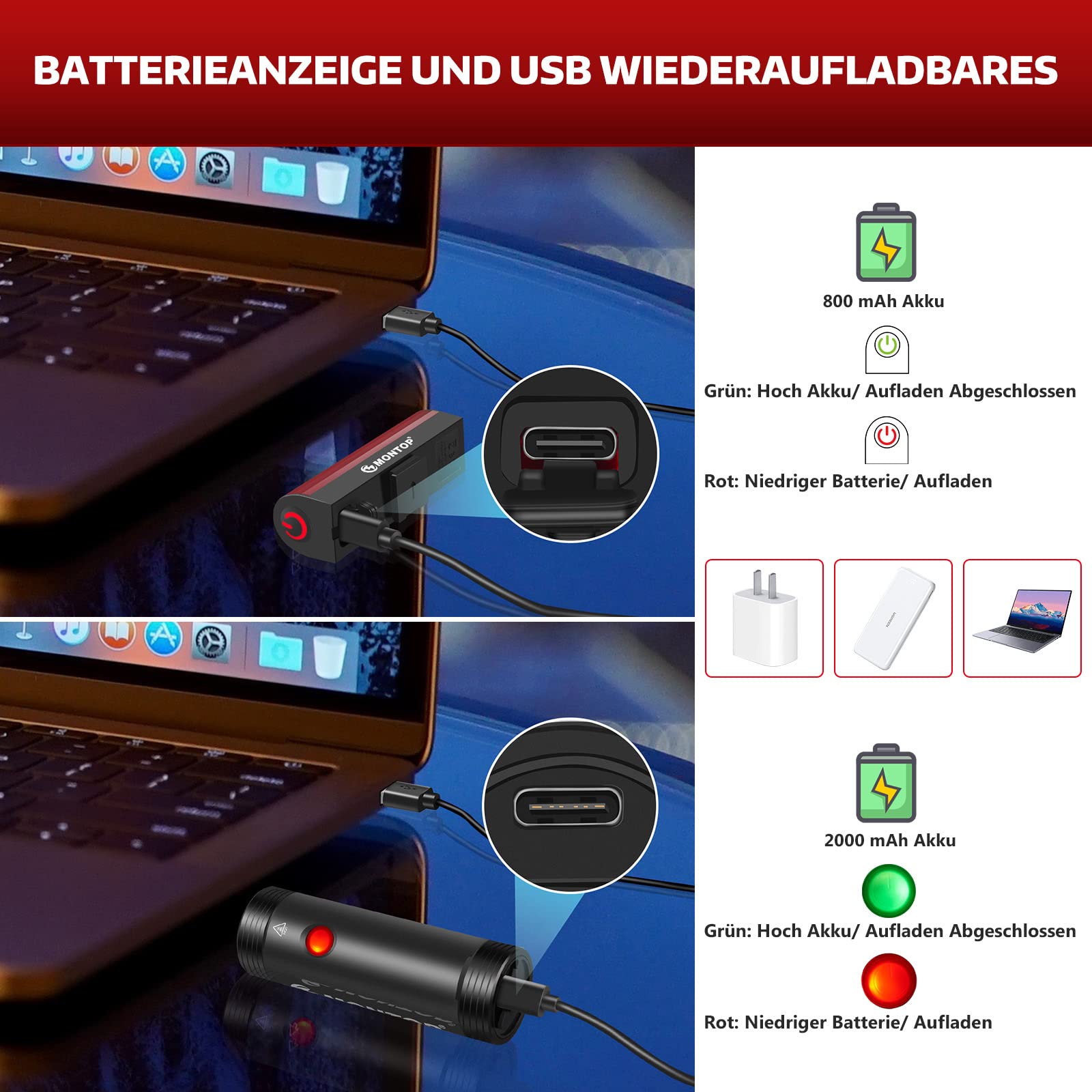 MONTOP StVZO Zugelassen Fahrradlicht Set USB Akku, LED Fahrradbeleuchtung Fahrradlampe, Bike Light Fahradbeleuchtungsset INKL. Frontlichter & Rücklicht, Fahrradlichter für Kinder und Erwachsene