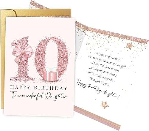 Spercy Tarjeta de cumpleaños número 10 para hija, tarjeta de cumpleaños de 10 años para niñas, regalo de diez años de parte de mamá, papá, padres