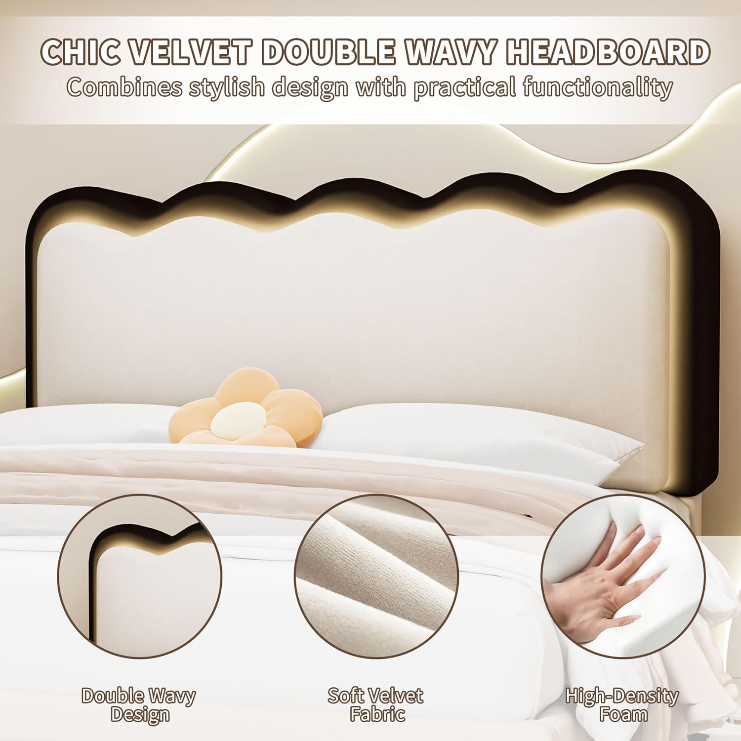 Upholstered Bed Frame Full Size with LED Lights and 2 Storage Drawers, Velvet Cama Full Princess Platform Bed with Double Wavy Wingback Headboard, Wooden Slats Support, No Box Spring Needed, Beige