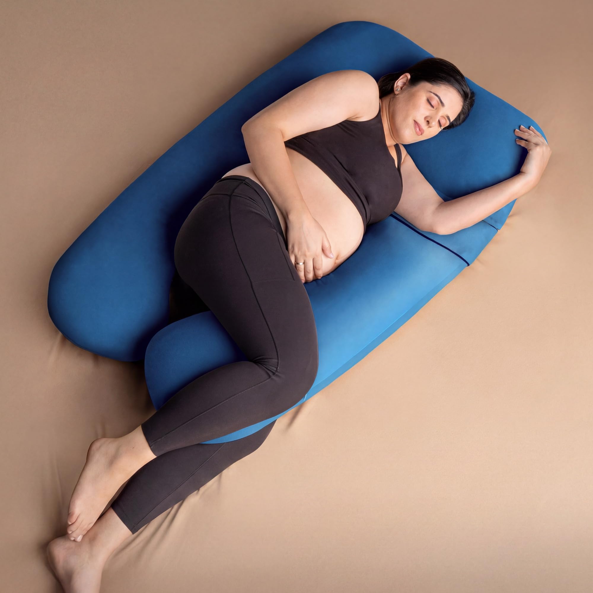 Frido Maternity U-Shaped Pillow | 360° Full Body Pregnancy Support | Detachable Arm & Arm Locator Pocket | Support for Back, Belly, Hips & Legs | 50" Soft Suede Velvet Cover | Blue-picture-26