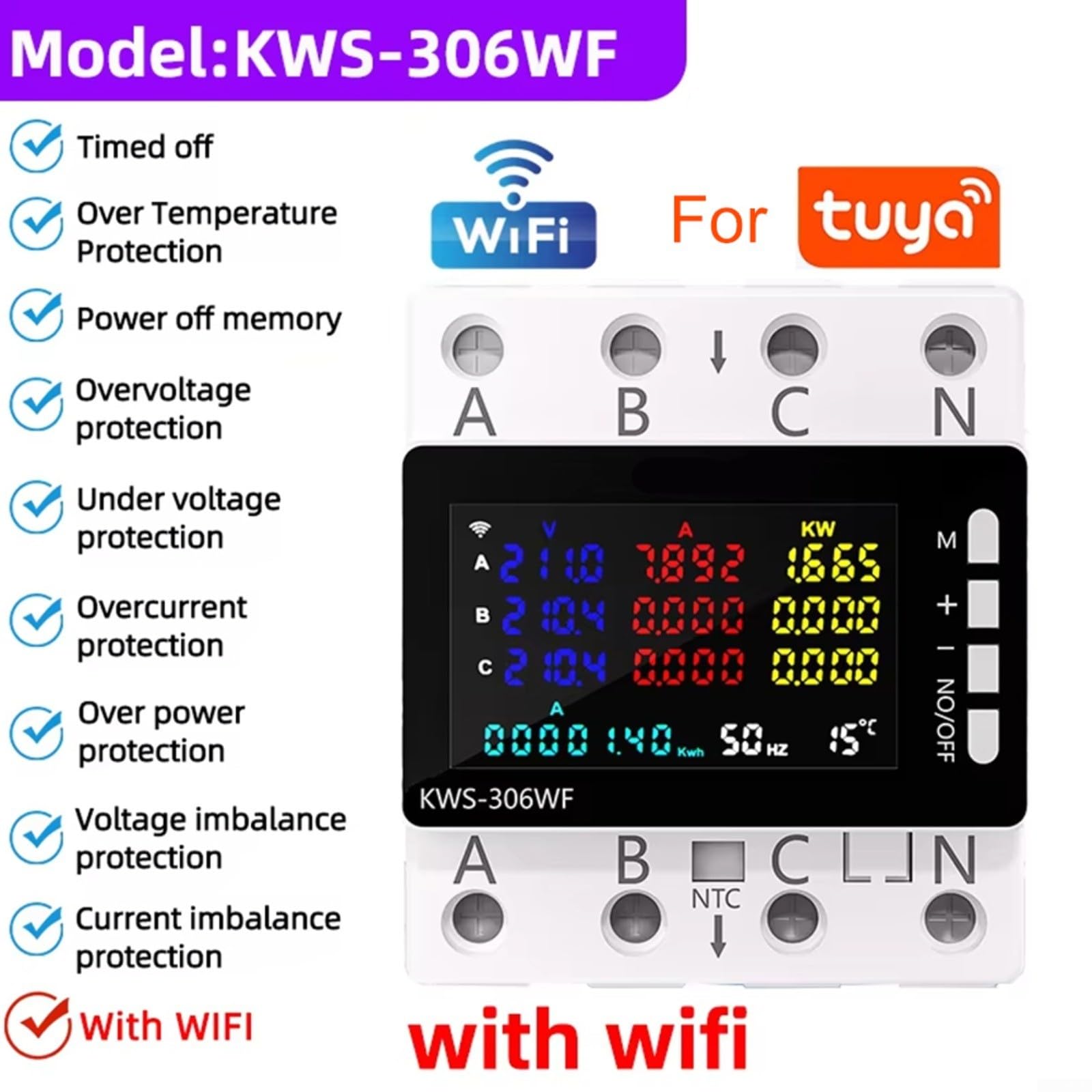 Contador trifásico KWS-306 con gran pantalla LCD VA, rango de voltaje CA 85-290 V, rango de corriente 0-80 A, potencia de 0-23 kW, instalación de línea sin tornillos, memoria en caso de fallo de
