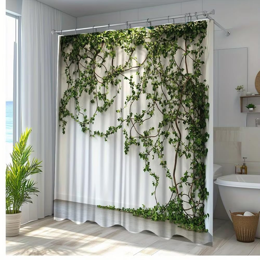 1 tenda da doccia con motivo a vite verde, in tessuto di poliestere per la decorazione del bagno con ganci (244x200 cm (96x79 pollici))