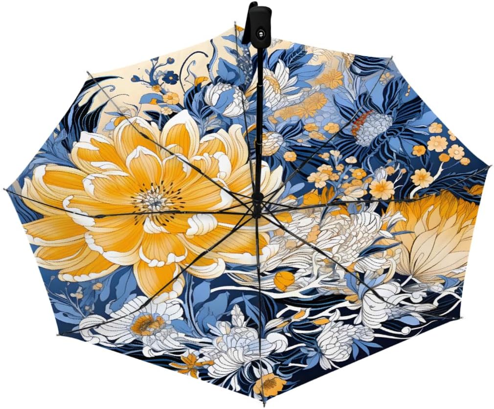 Vintage Peony Flower Folding Umbrella Windproof Compact Lightweight Travel Umbrella with 8 Reinforced Ribs, Portable UV Sun & Rain Protection for Men & Women