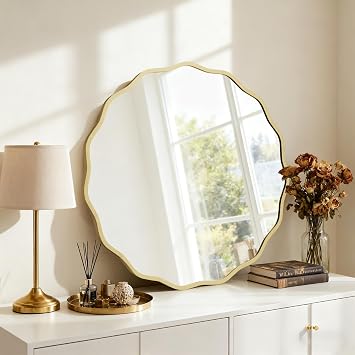 HOMECOOKIN 28" Wavy Round Wall Mirror, Gold Scalloped Circle Mirror Edge Round with Metal Frame, Modern Decorative Hanging/Leaning Mirrors for Bathroom, Hotels, Hallway, Entryway, Vanity, Office
