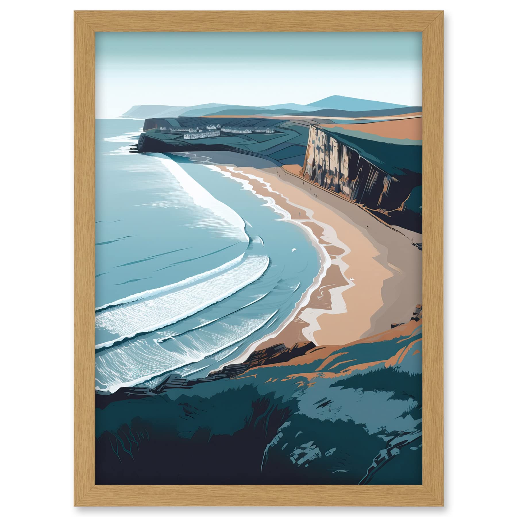 Artery8 Rhossili Bay Cliffs Over Beach Coastal Landscape Artwork Framed A3 Wall Art Print