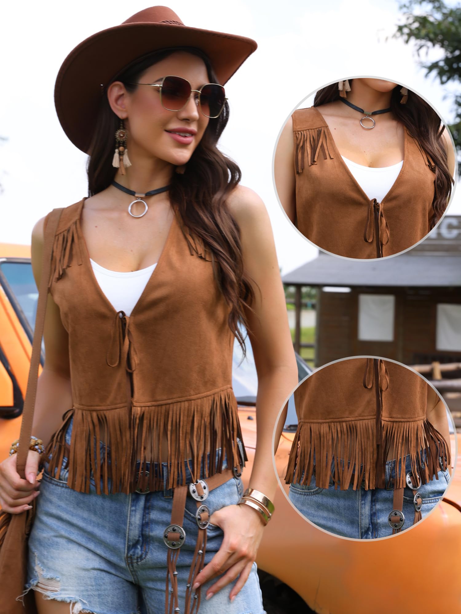 Allegra K Gilet con Frange per Donna Senza Maniche da Cowgirl Gilet in Finta Pelle Scamosciata con Nappe
